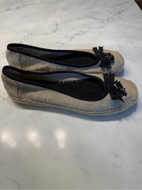 Women’s Neutral Espadrille Ballet Flats with Black Trim and Bow